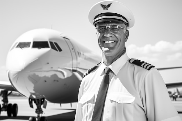 Pilote confiant Pilote masculin confiant en uniforme tenant les bras croisés et souriant avec l'avion en arrière-plan