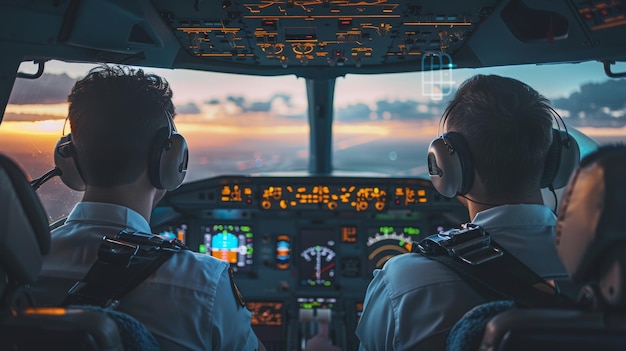 Pilote et copilote dans le cockpit d'un avion planifiant des itinéraires écologiques pour réduire les émissions