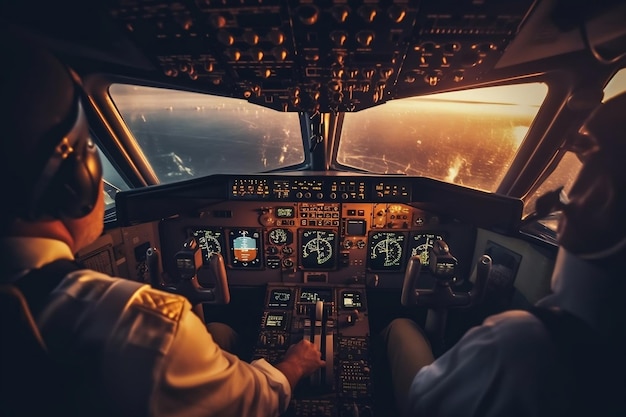 Pilote dans le Cockpit Flying Commercial Airliner Back View AI