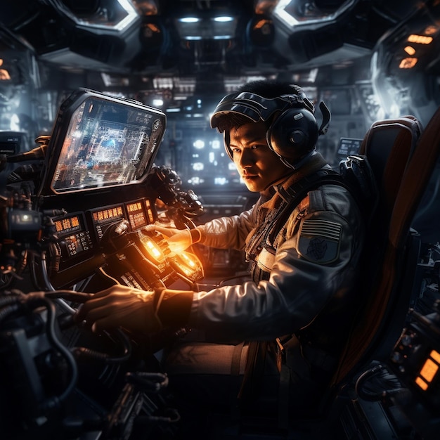 un pilote dans le cockpit d'un vaisseau spatial.