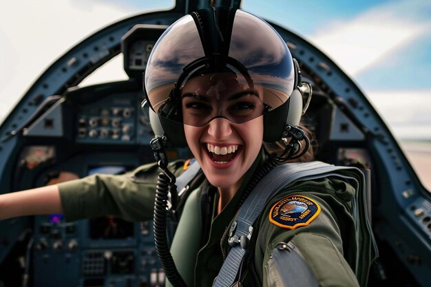 Photo une pilote excitée à l'intérieur de l'avion militaire