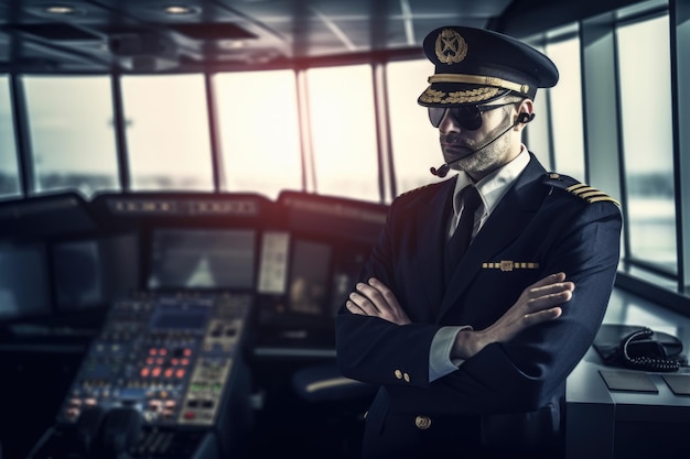 Photo un pilote masculin en uniforme de capitaine dans un aéroport couvert generative ai aig21