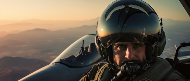 Pilote en masque et casque dans le cockpit du chasseur avec espace de copie