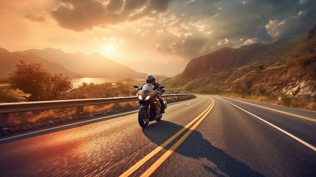Pilote de moto IA générative dans la rue à cheval au coucher du soleil s'amusant à conduire l'autoroute vide