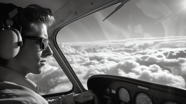 Photo un pilote portant des lunettes de soleil et un casque est assis dans le cockpit d'un petit avion et regarde les nuages en dessous