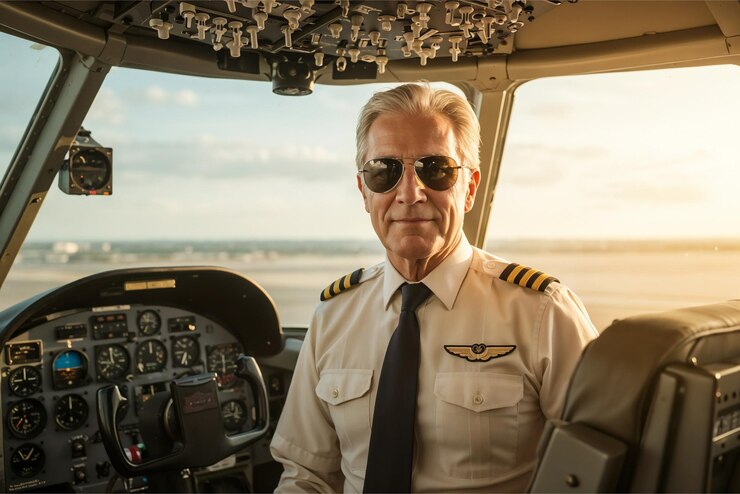 Photo pilote professionnel dans le cockpit d'un avion au coucher de soleil éclatant