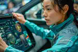 Photo une pilote professionnelle dans le cockpit d'un avion moderne avec concentration et détermination