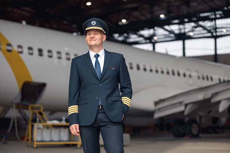 Pilote réfléchi en uniforme regardant loin, debout devant un gros avion de passagers dans le hangar de l'aéroport. Avion, occupation, concept de transport