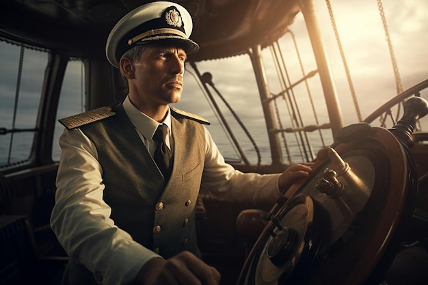 Photo un pilote en uniforme de pilote est assis dans un bateau.