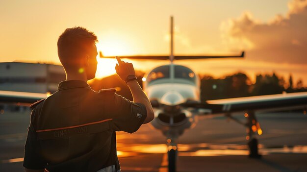 Photo un pilote en uniforme se tient sur la piste devant un avion privé il regarde le ciel et pointe avec son doigt