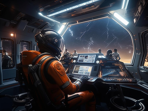 pilote de vaisseau spatial en uniforme orange assis dans une station spatiale ai générative