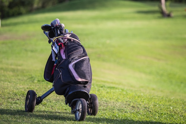 Pilotes de clubs de golf noirs sur fond de champ vert