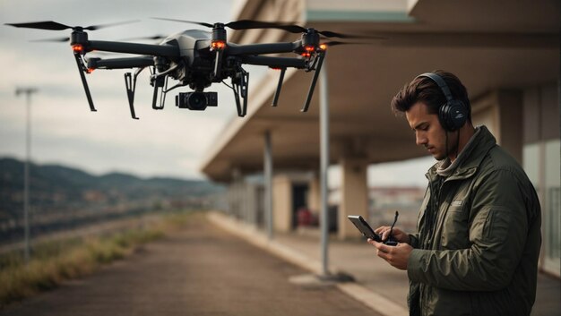 Photo piloto de dron opérations de surveillance depuis la station terrestre