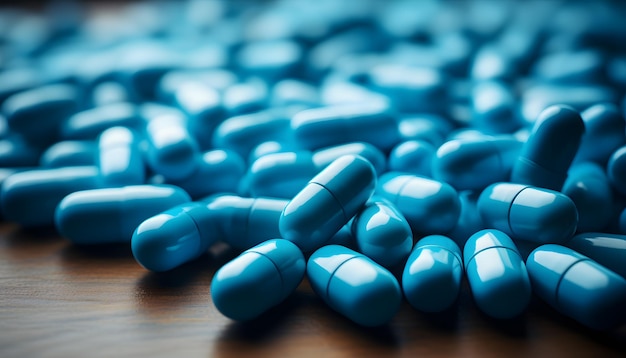 Des pilules blanches sur fond bleu
