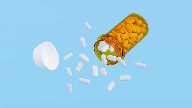 Pilules blanches renversées hors de la bouteille de pilules jaunes Bouteilles de médicaments avec des médicaments concept médical rendu 3D