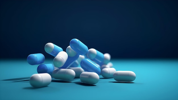 Pilules bleues et blanches sur fond bleu