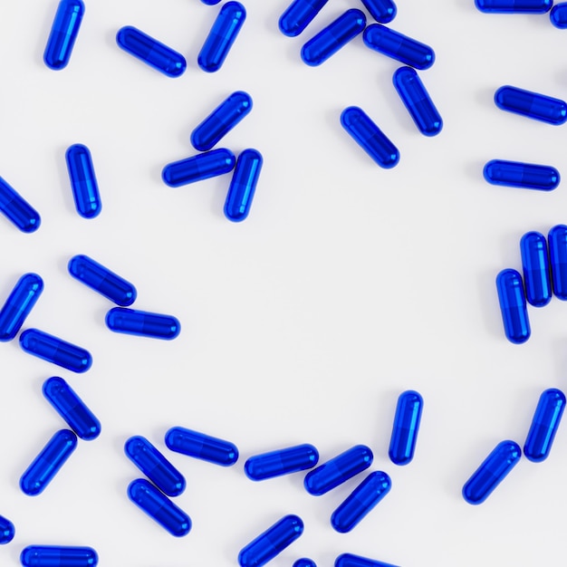 Pilules de capsule bleue sur fond blanc, concept médical de soins de santé, antibiotiques et cure, rendu 3d