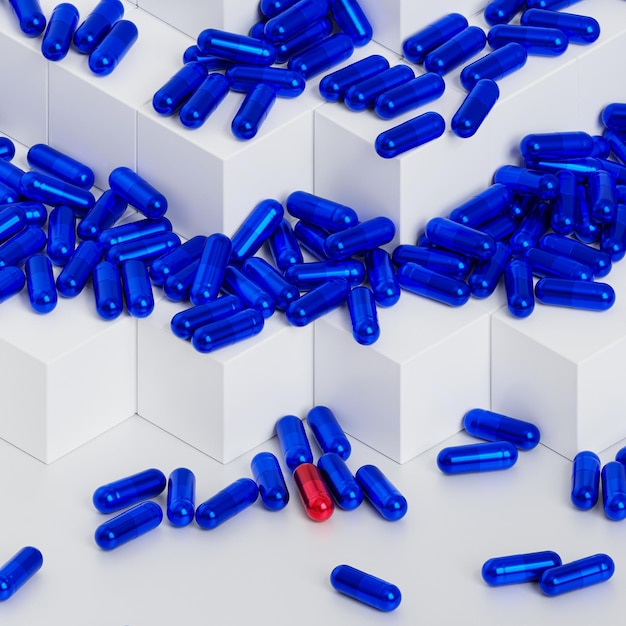 Photo pilules capsules bleues et rouges sur fond blanc, concept médical de soins de santé, antibiotiques et remèdes, rendu 3d