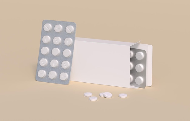 Pilules de cercle blanc en pack avec deux ampoules dans un emballage en carton Modèle de maquette rendu 3d