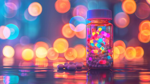 Des pilules colorées dans une bouteille avec des lumières Bokeh