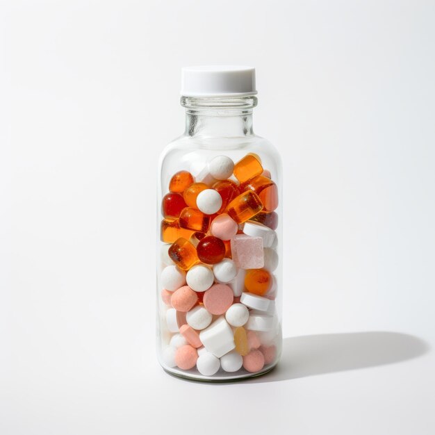 Photo pilules colorées dans une bouteille de verre sur fond blanc concentrer sur le premier plan