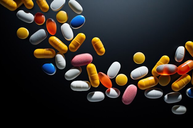 Pilules colorées sur fond noir Concept de médecine et de soins de santé