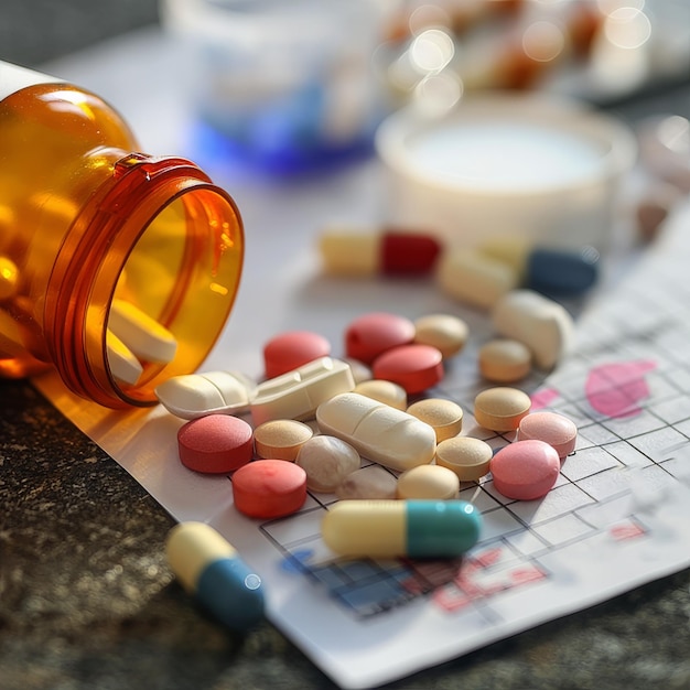 Photo des pilules et des comprimés colorés renversés d'un flacon d'ordonnance ouvert