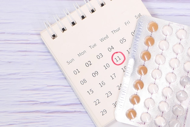 Pilules contraceptives, calendrier et bloc-notes sur table.