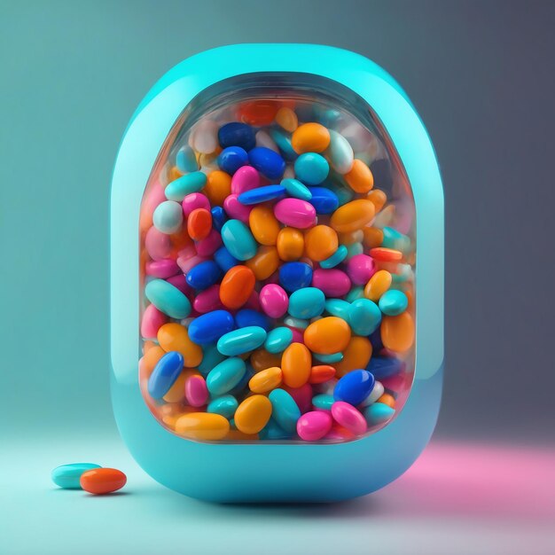 Des pilules de couleurs vives et brillantes dans une grande capsule de pharmacie