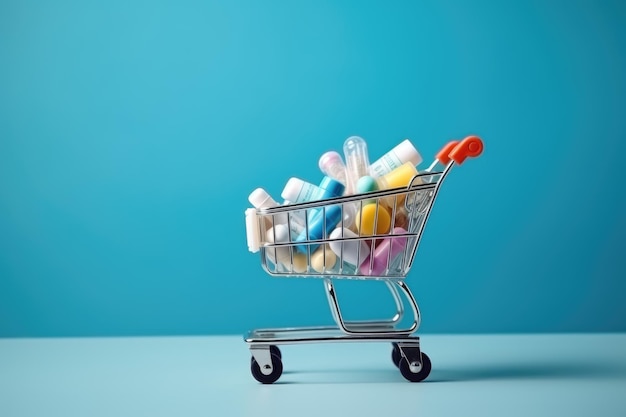 Des pilules dans un panier d'achat sur un fond bleu