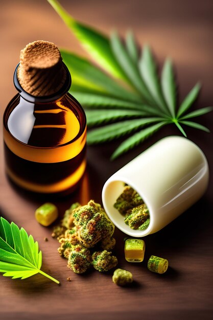 Pilules médicales de CBD à côté d’une feuille de cannabis