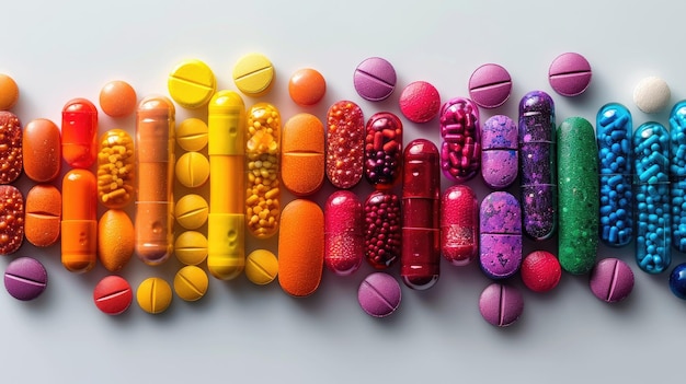 Des pilules médicales colorées disposées dans un spectre arc-en-ciel de couleurs vives