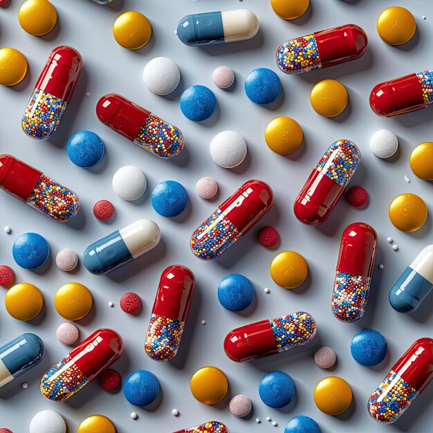 Des pilules médicales colorées éparpillées sur une surface blanche concept pharmaceutique