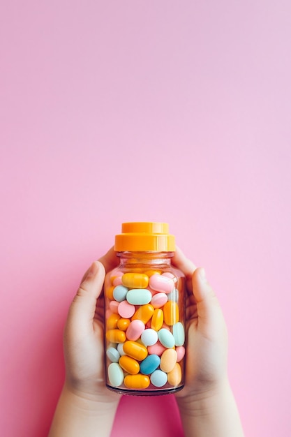 Pilules médicales dans les mains de l'enfant Enfant tenant une bouteille de pilules Tenir à l'écart des enfants atteindre le concept Enfant malade avec des médicaments Danger à la maison Maladies infantiles Vitamines pour enfants Image générée par l'IA