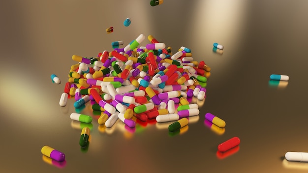 Pilules médicales multicolores de rendu 3D tombant de haut en bas