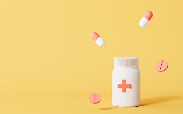 Pilules de style dessin animé et bouteille de médicament concept médical rendu 3d
