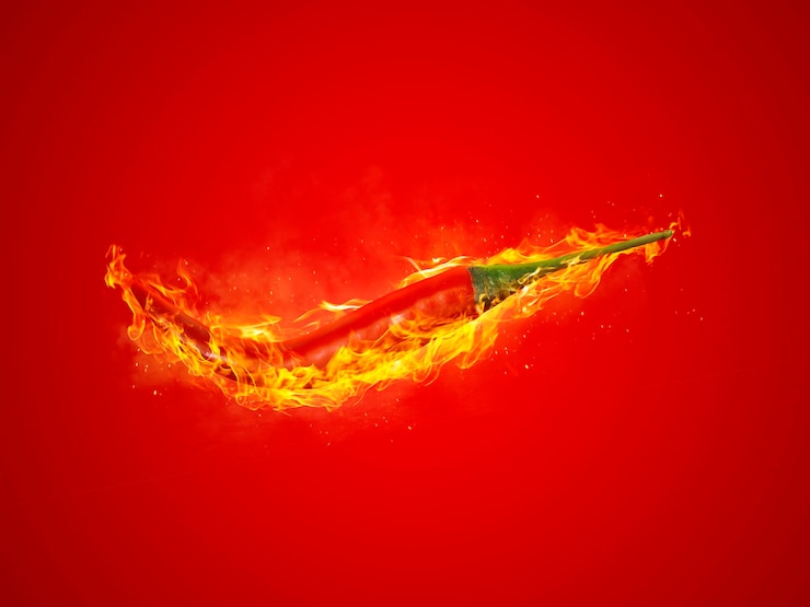 Photo piment rouge frais en feu sur fond rouge