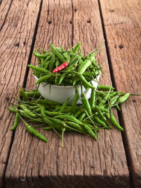 Piment rouge et poivron vert dans un bol blanc