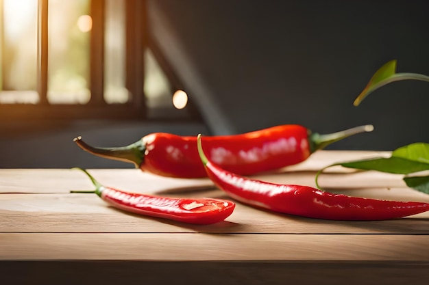 Piment rouge sur une table en bois avec une fenêtre en arrière-plan