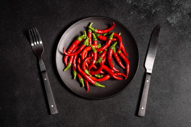 Piment rouge vif sur un béton gris. Nourriture épicée, ingrédients