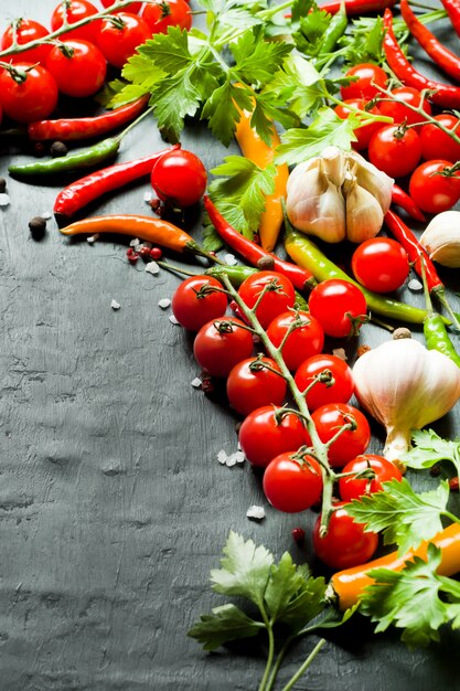 Piments chili multicolores, cerise tomate sur branche