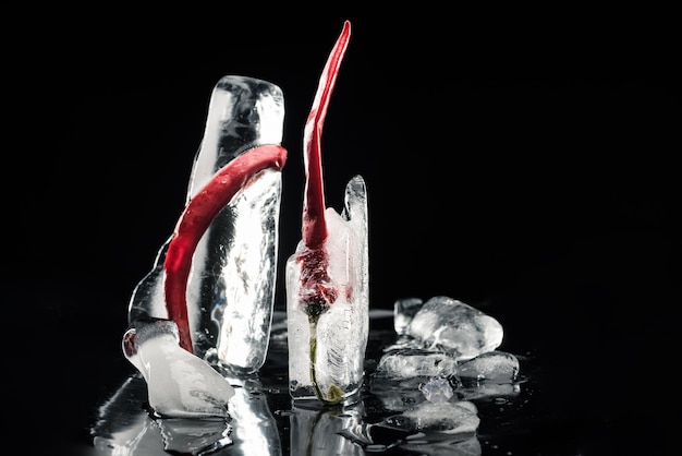 des piments dans de la glace qui fond