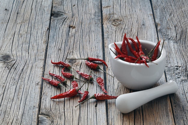 Piments dans un mortier avec un pilon