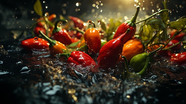 piments forts avec des gouttes d'eau sur le fond noir