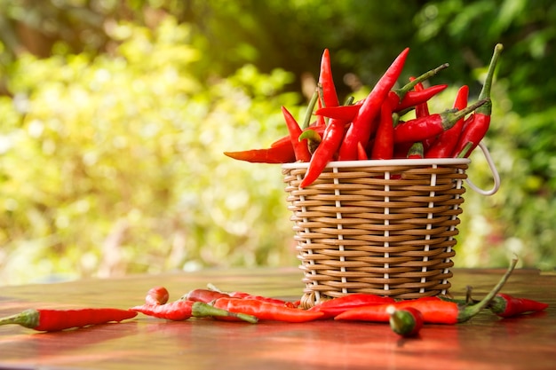 Piments frais dans le panier sur la table en bois