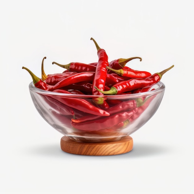 Des piments rouges chauds dans un bol de verre sur un fond blanc