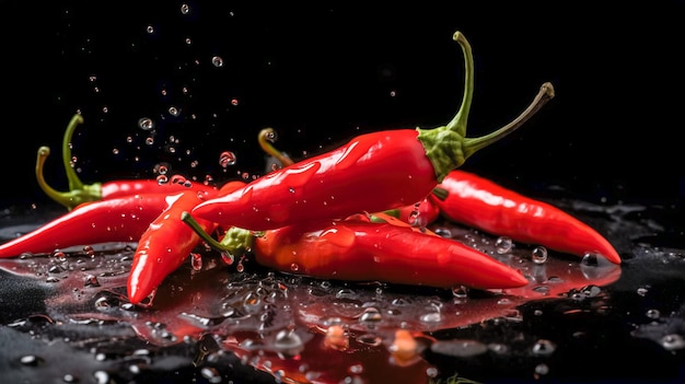 Piments rouges éclaboussant dans l'air