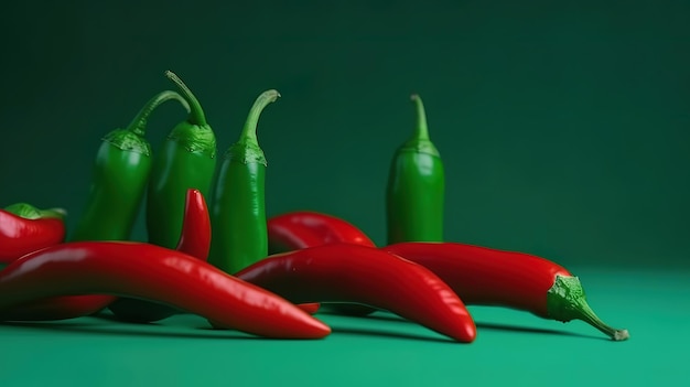 Piments rouges sur fond vert coloré Ai générative