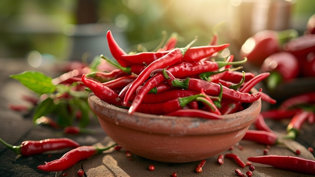 Des piments rouges frais récoltés dans le jardin.