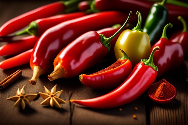 Piments rouges sur une table en bois